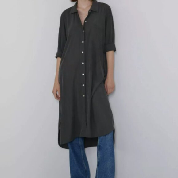 ZARA Oversized Collared Button Down Shirt Style Dress in Army Green - Picture 1 of 17